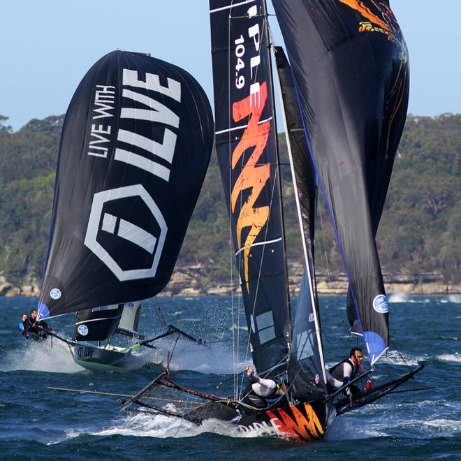 Race 1 – Triple M, home just ahead of ILVE – 18ft Skiffs NSW Championship ©  Frank Quealey / Australian 18 Footers League